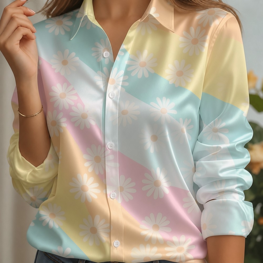 Women Satin Lapel Collar Shirt - Embellish Knit 评论和价格