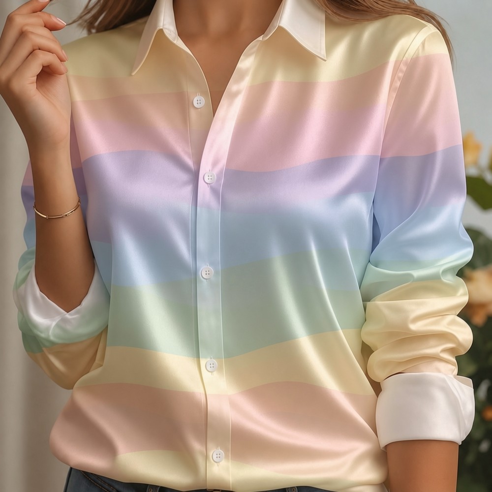 Women Satin Lapel Collar Shirt - Embellish Knit 评论和价格