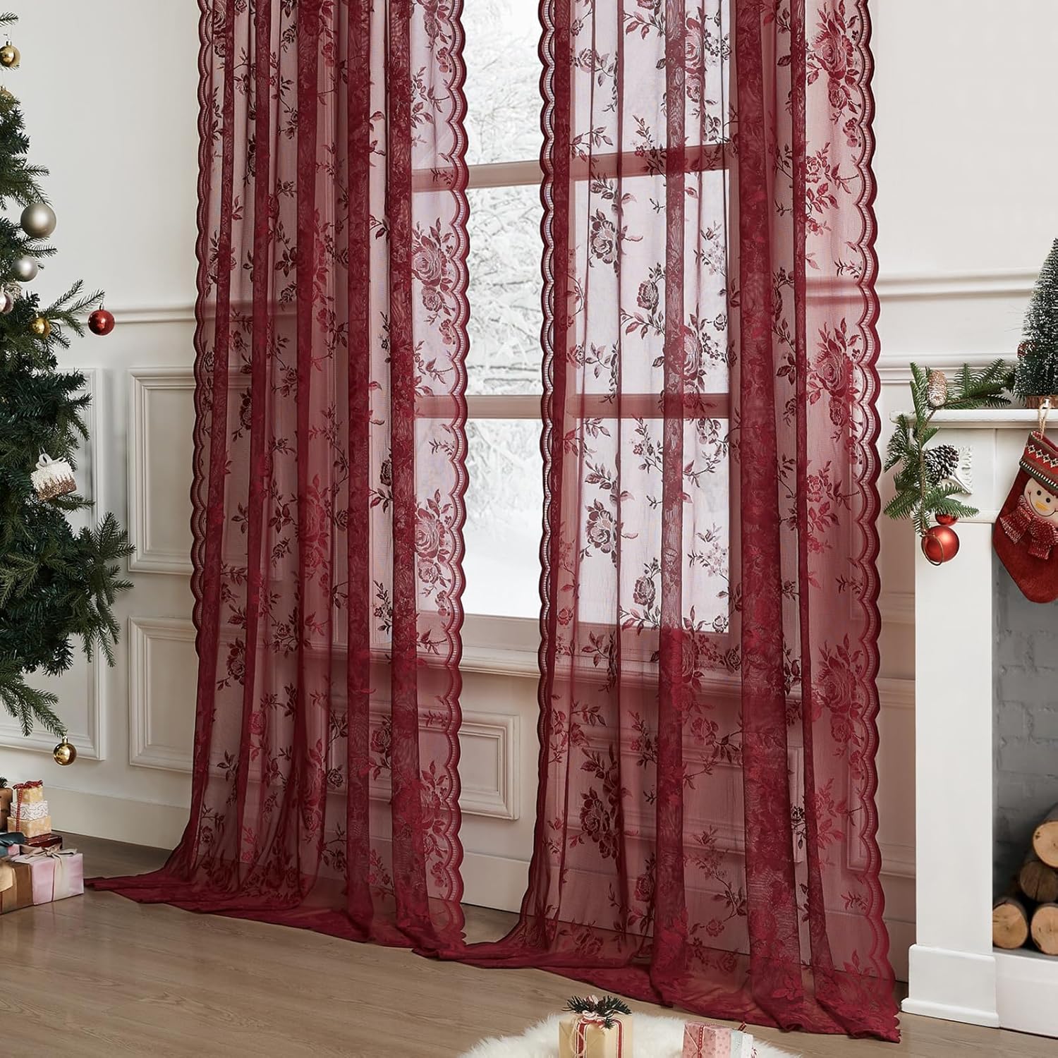 1 pc Burgundy Lace Curtains 45 - Guipure Lace Panel 评论和价格